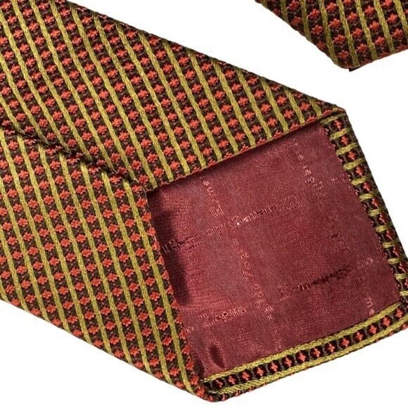 Ermenegildo Zegna Italian Silk Neck Tie Checkered Stripe Print 58" Long Red Gold - Picture 5 of 9